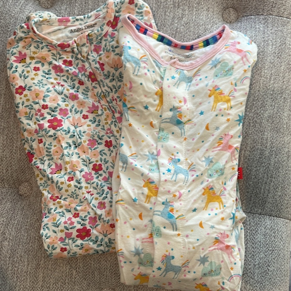 Two pair bundle of 6-9 Months girls footed pajamas  - Magnetic Me & Angel Dear